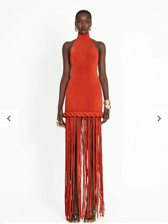 Khanum's Dresses & Skirts - High-Neck Orange Maxi Dress with Braided Fringe